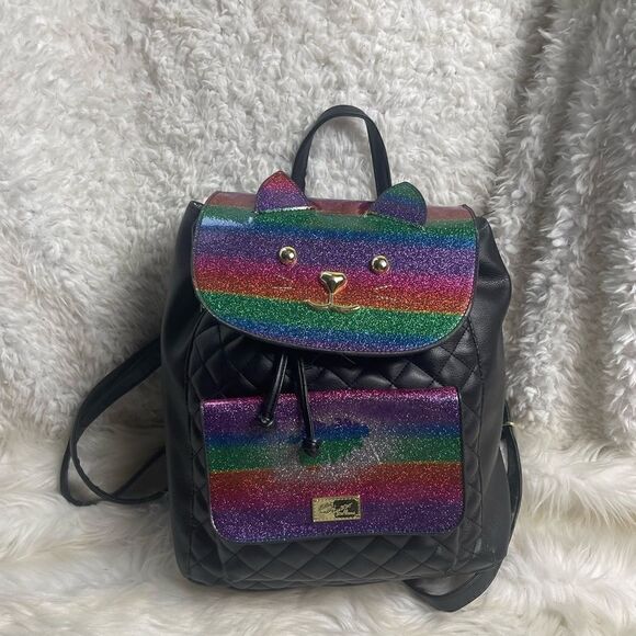 Betsey Johnson Rainbow Cat Black quilted Backpack drawstring closure . main image 6